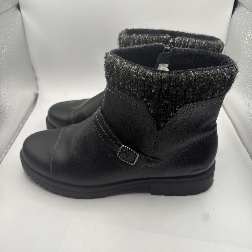 JSport Ankle Boots Womens Black‎ Leather Round Toe Side Zip Buckle Comfort - 7.5